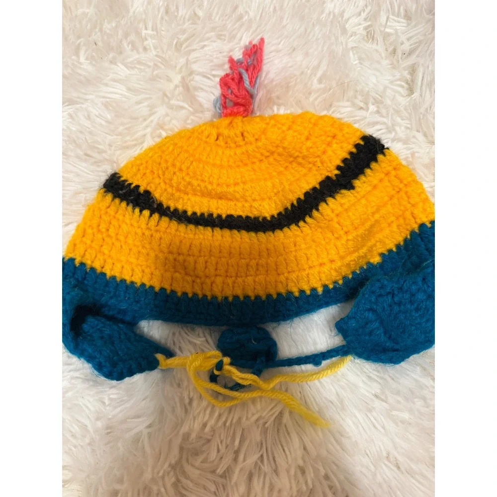 Handmade Crochet Minion Beanie Kids Yellow Blue Earflap Hat Character Knit Cap